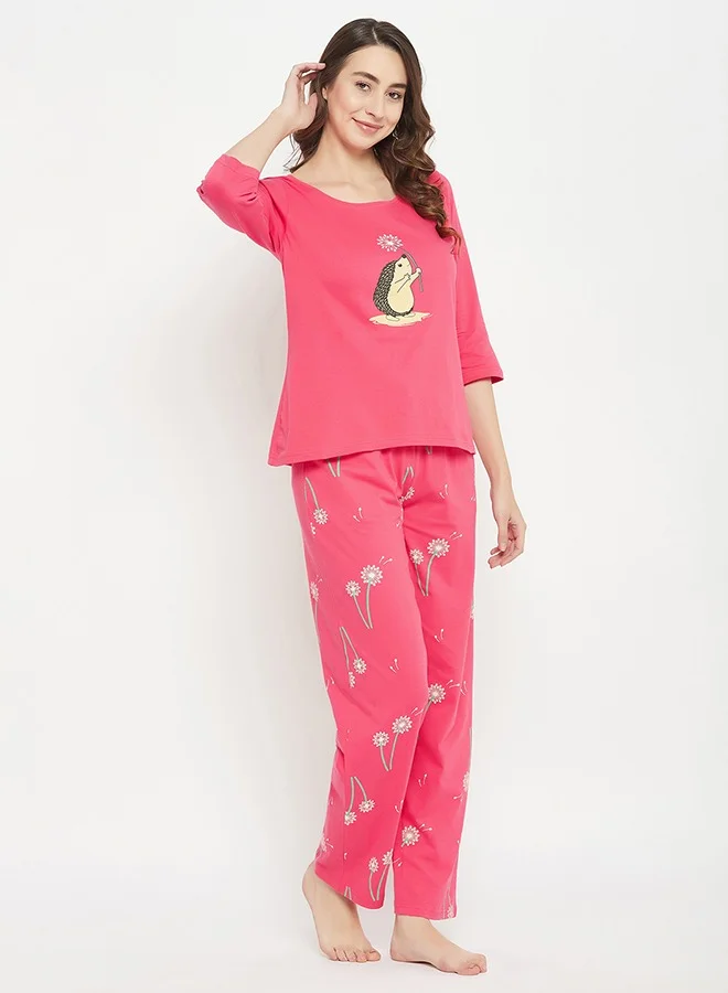 Clovia Clovia Print Me Pretty Top & Pyjama Set in Peach Colour - 100% Cotton