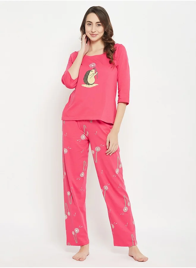 Clovia Clovia Print Me Pretty Top & Pyjama Set in Peach Colour - 100% Cotton