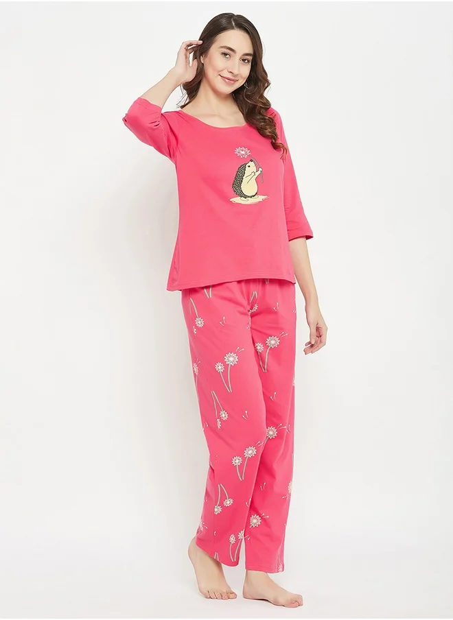 Clovia Clovia Print Me Pretty Top & Pyjama Set in Peach Colour - 100% Cotton