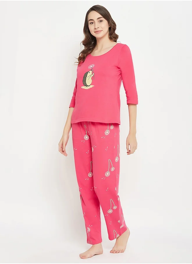 Clovia Clovia Print Me Pretty Top & Pyjama Set in Peach Colour - 100% Cotton