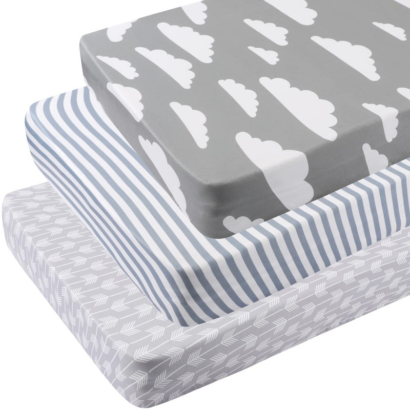 Pack n Play Sheets 3 Pack for Baby Unisex Stretchy Jersey Knitted Portable Mini Crib Sheets Playard Mattress Cover for Baby Boys and Girls Clouds Stripes and Arrow Printing