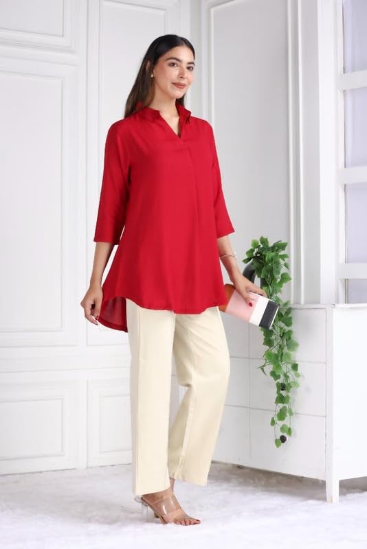 Mlada Store Mlada Rayon Flare Top for Women | Western Long Shirt Top for Women | 3/4th Sleeve Regular Fit and Flare Top | Women Office Tops Tunic | Shirt Collar Top for Women | Rayon Tunic Tops for Women Western - Image 5