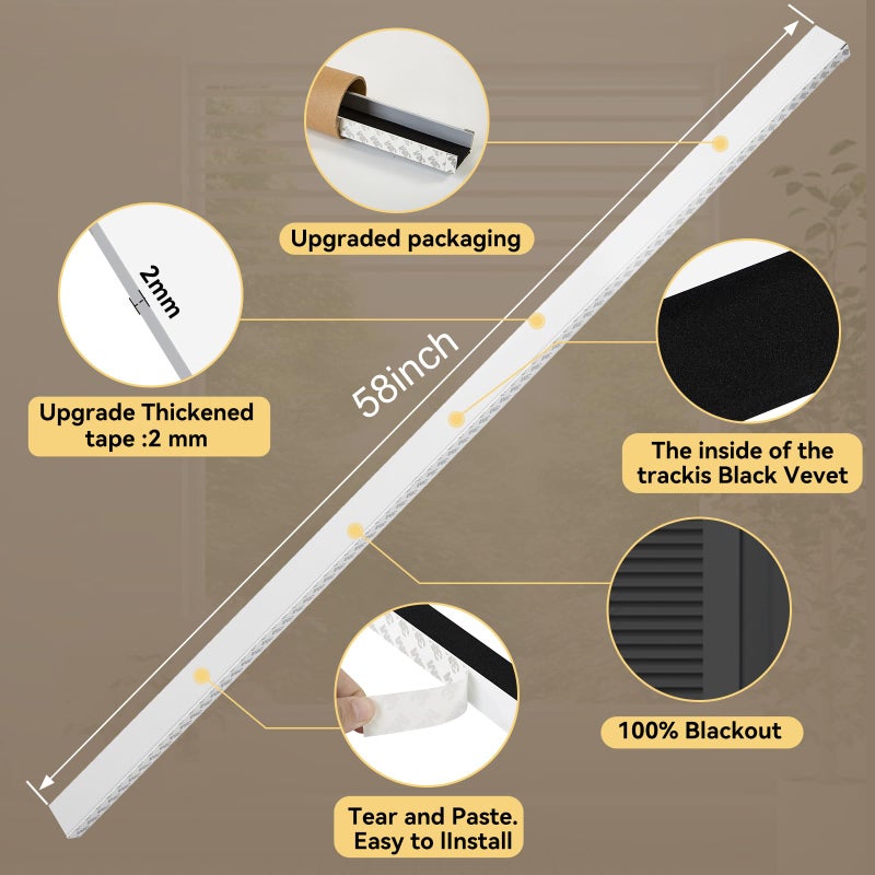 Miideayin Blackout PVC Light Blocking Strips for Window Shades and Blinds - Blocks Light Along The Sides of Blackout Blinds,Side Tracks for Cordless Shades, Light Blocking Strips for Bedroom (White, 58",2Pcs) - Image 4