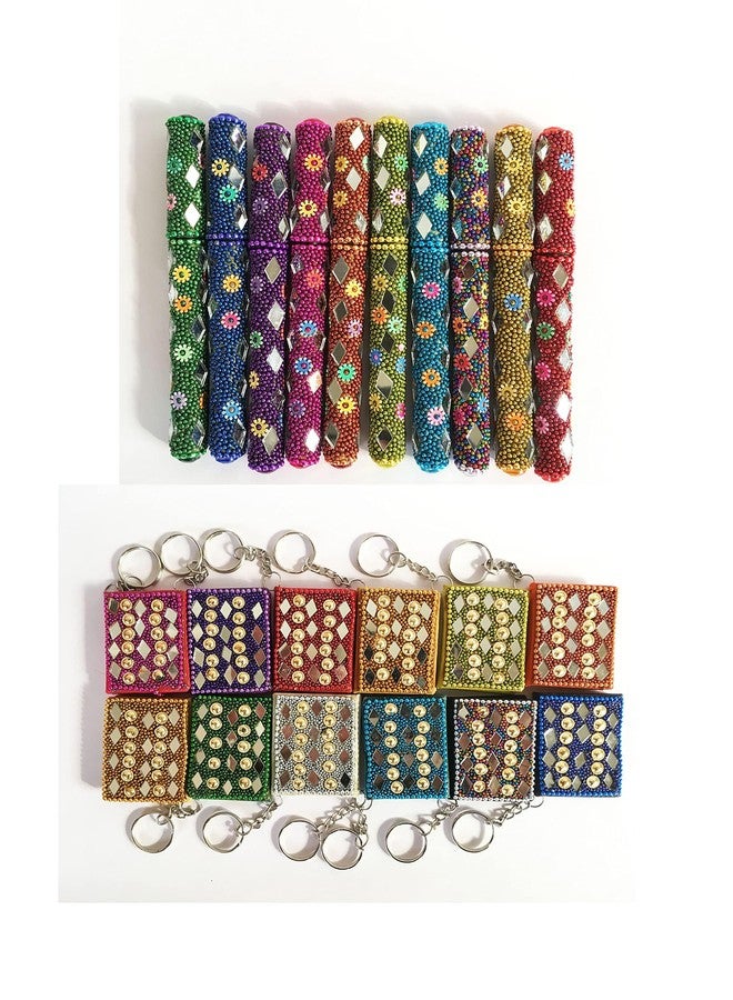 SM Creations سلسلة مفاتيح على شكل دفتر يوميات مصنوعة يدوياً من SM Creations مع قلم لاك - عمل راجستاني - مجموعة يدوية الصنع من 22 قطعة (10 أقلام + 12 سلسلة مفاتيح) - Image 1