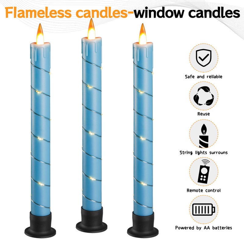 Da by 3 Pcs Flickering Flameless Battery Operated Taper Candle-Window Candles with Remote and Time-LED 3D Dynamic Flame-9.6 Inches for Wedding, Party,Home Decoration-Blue - Image 2