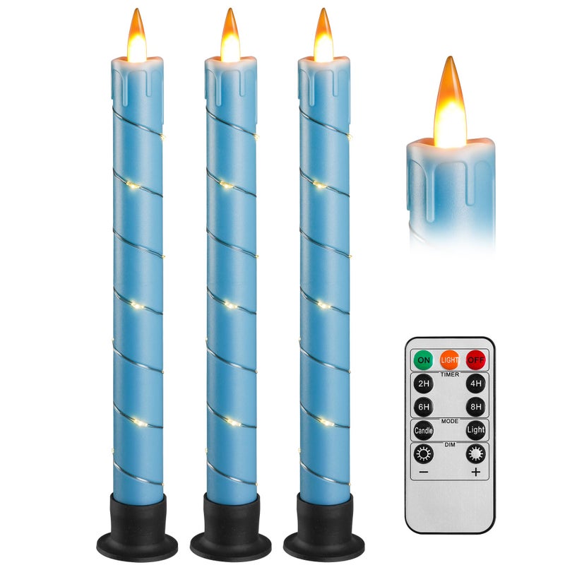 Da by 3 Pcs Flickering Flameless Battery Operated Taper Candle-Window Candles with Remote and Time-LED 3D Dynamic Flame-9.6 Inches for Wedding, Party,Home Decoration-Blue - Image 1