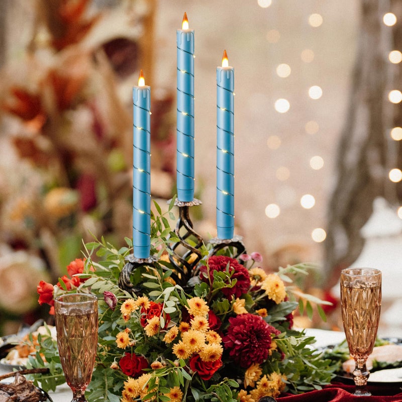 Da by 3 Pcs Flickering Flameless Battery Operated Taper Candle-Window Candles with Remote and Time-LED 3D Dynamic Flame-9.6 Inches for Wedding, Party,Home Decoration-Blue - Image 4