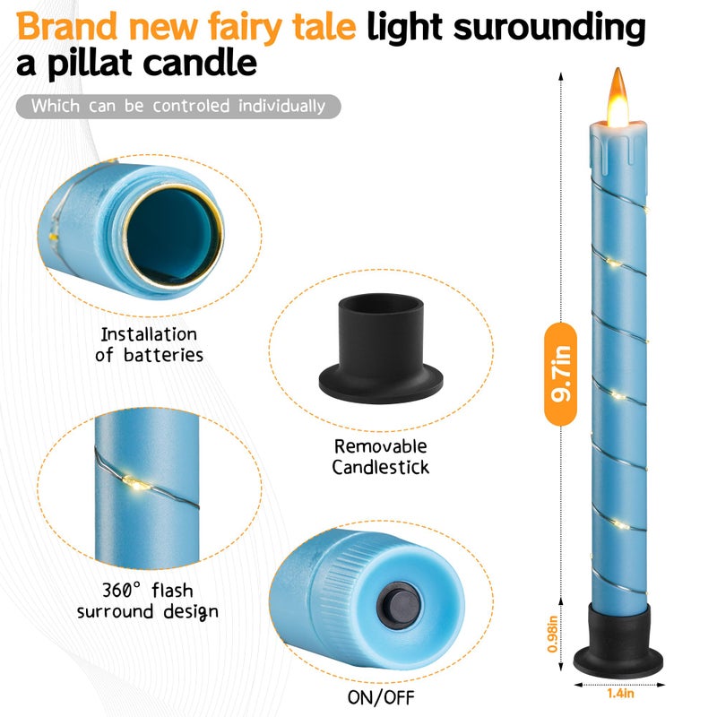 Da by 3 Pcs Flickering Flameless Battery Operated Taper Candle-Window Candles with Remote and Time-LED 3D Dynamic Flame-9.6 Inches for Wedding, Party,Home Decoration-Blue - Image 3