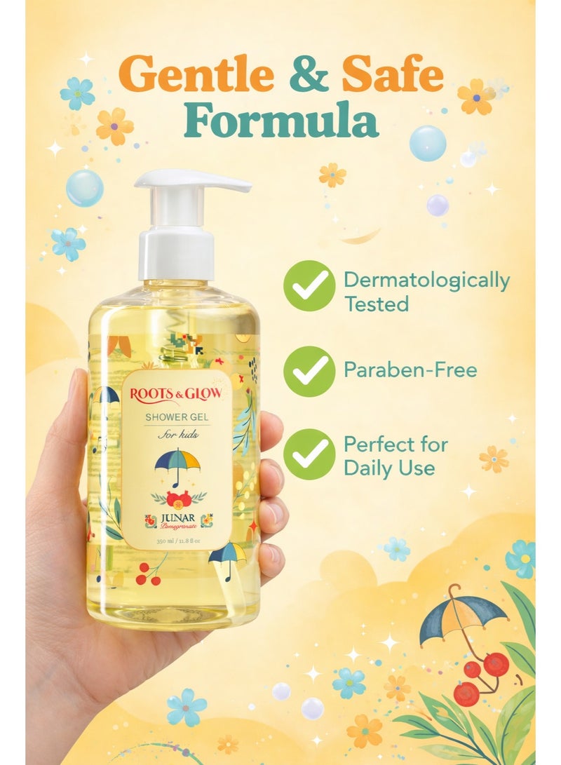 Roots & Glow Kids Body Wash – 350ml Pomegranate Gentle Shower Gel for Children – Nourishing Sulfate Free Formula – Safe for Sensitive Skin – Daily Use Pump Dispenser – Roots & Glow - Image 2
