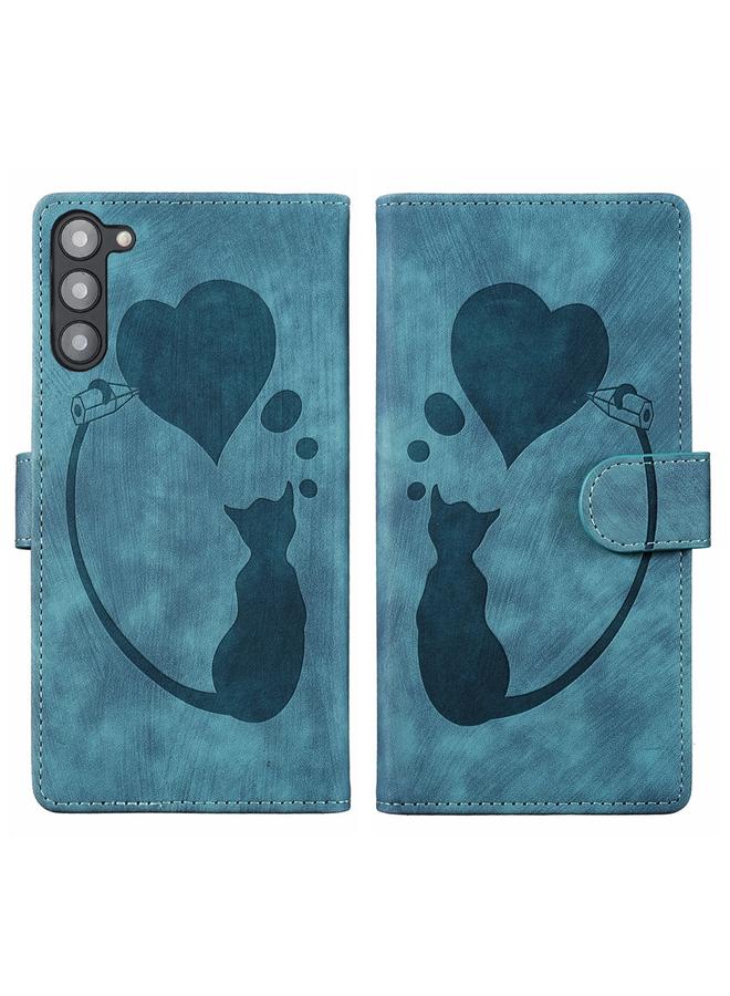 The Bros Case For Samsung Galaxy S23 5G Pen Heart Cat Embossed Leather Phone Case
