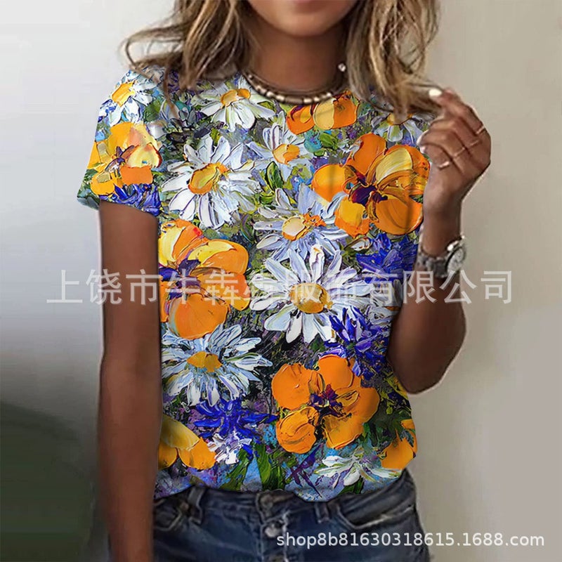 Summer 3Dt Shirt Short Sleeve Leisure Floral Wind Printing Ladies Short Sleeve T-Shirt - Image 1
