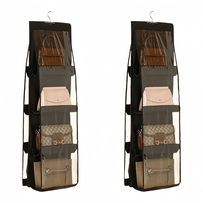 HAN SHENG 8 Pockets Clear Handbag  Purse Organizer Hanging Bag Storage  Space Saving Hanging Shelf for Closet Wardrobe Over Door 2 Pack Black
