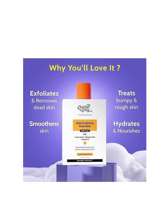 Chemist At Play Exfoliating Body Wash 473ml | 4% (Salicylic Acid, Vitamin E and Lactic Acid) | Paraben & SLS Free | Gentle Exfoliating Shower Gel | Removes Tan| Prevents Dry, Rough, Bumpy Skin | Men & Women - pzsku/ZF23E604BDEE385E5A412Z/45/_/1735320205/6fba30cd-7459-4aba-9802-2a46349625a6