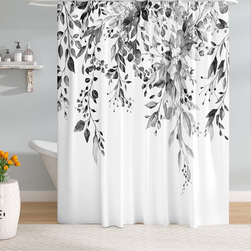 Black, White and Gray Eucalyptus Leaf Waterproof Bathroom Shower Curtain (Including 12 Hooks, 72x72 Inches/180cm) - Image 3
