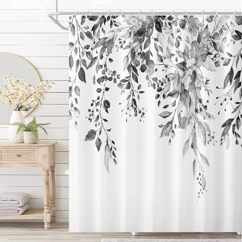 Black, White and Gray Eucalyptus Leaf Waterproof Bathroom Shower Curtain (Including 12 Hooks, 72x72 Inches/180cm) - Image 1