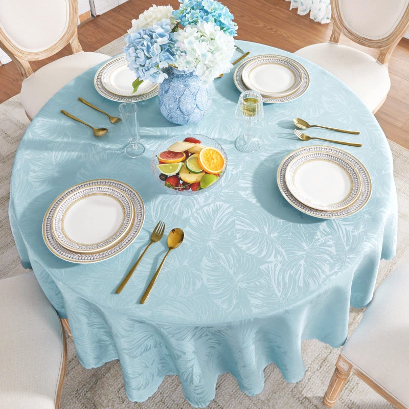 EFFICINATURE Round Tablecloth Blue Table Cloth Leaves Pattern Scalloped Edge Silky Soft Waterproof Washable 50 Inch Fabric Table Cover for Dining Kitchen Picnic Party Banquet Patio Holiday Decoration - Image 2
