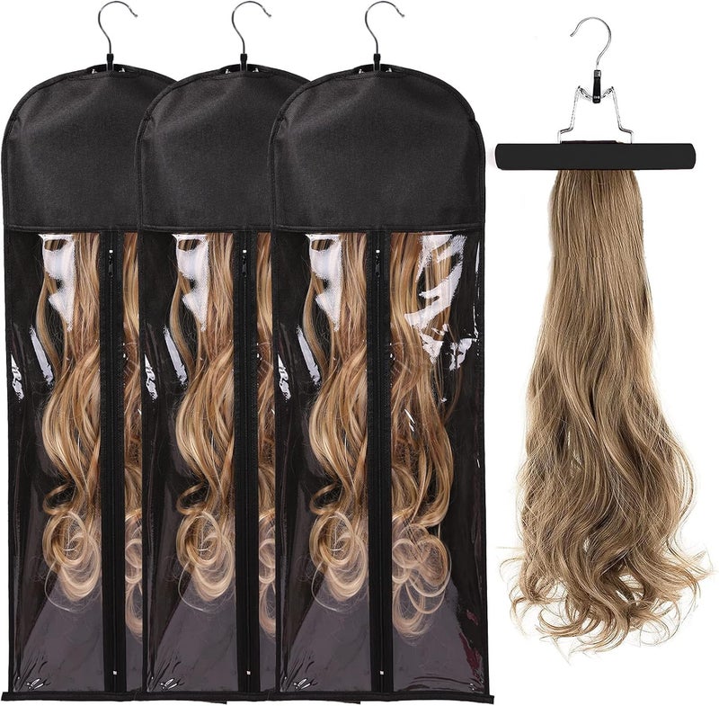 AIHOPESTO 3PCS Extra Long Hair Extension Storage Bag Hairpieces Storage Holder with Wooden Hanger Dustproof Portable Suit with Transparent Zip Up Closure Light weight Waterproof and Portable Black