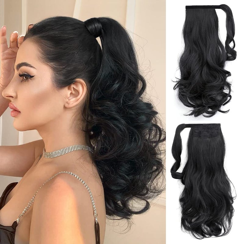 Dark Black Ponytail Extension Hair Extensions Wrap Around 16 Wavy Curly Synthetic Fake Clip on Pony Tails Wigs Easy Installation Fluffy Hairpieces for Women Wedding Party Daily Use 5 Oz