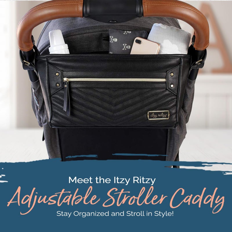 Itzy Ritzy Adjustable Stroller Caddy / Organizer - Stroller Organizer Bag Featuring Front Zippered Pocket, 2 Built-In Interior Pockets & Straps to Fit Nearly Any Model (Black with Gold Hardware) - Image 2