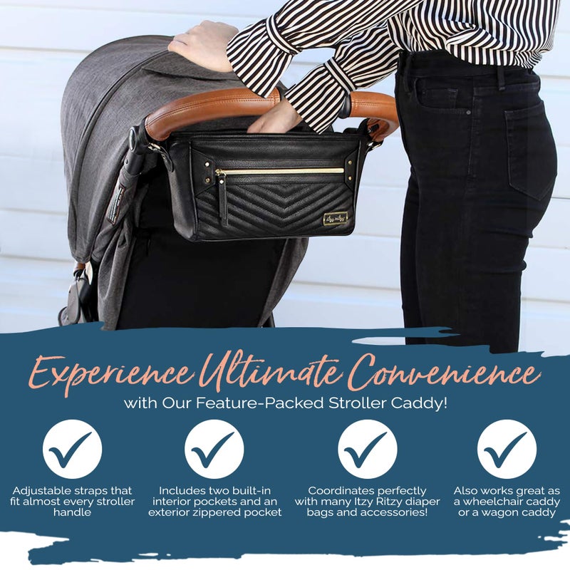 Itzy Ritzy Adjustable Stroller Caddy / Organizer - Stroller Organizer Bag Featuring Front Zippered Pocket, 2 Built-In Interior Pockets & Straps to Fit Nearly Any Model (Black with Gold Hardware) - Image 3