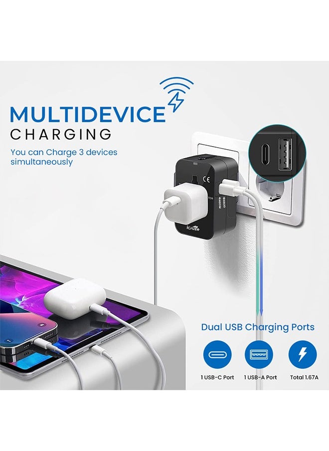 iCruze Globaplug Universal Travel Adapter USB C, World Travel Power Plug With USB, All In One Travel Plug Adapter For EU/US/UK/AU Compatible With iPhone/Samsung, Black  - Image 4