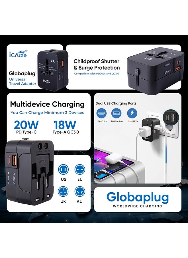 iCruze Globaplug Universal Travel Adapter USB C, World Travel Power Plug With USB, All In One Travel Plug Adapter For EU/US/UK/AU Compatible With iPhone/Samsung, Black  - Image 5