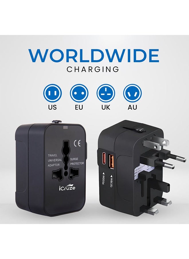 Globaplug Universal Travel Adapter USB C, World Travel Power Plug With USB, All In One Travel Plug Adapter For EU/US/UK/AU Compatible With iPhone/Samsung, Black