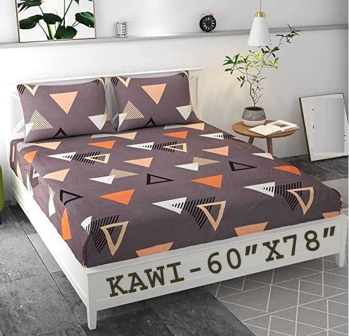KAWI Cotton Feel 200TC Double Bedsheet Queen Size 78x60 Inches with Elastic Fitting with 2 Pillow Covers (Provide fits up to 8 Inch Mattress) - Brown Color - Image 2