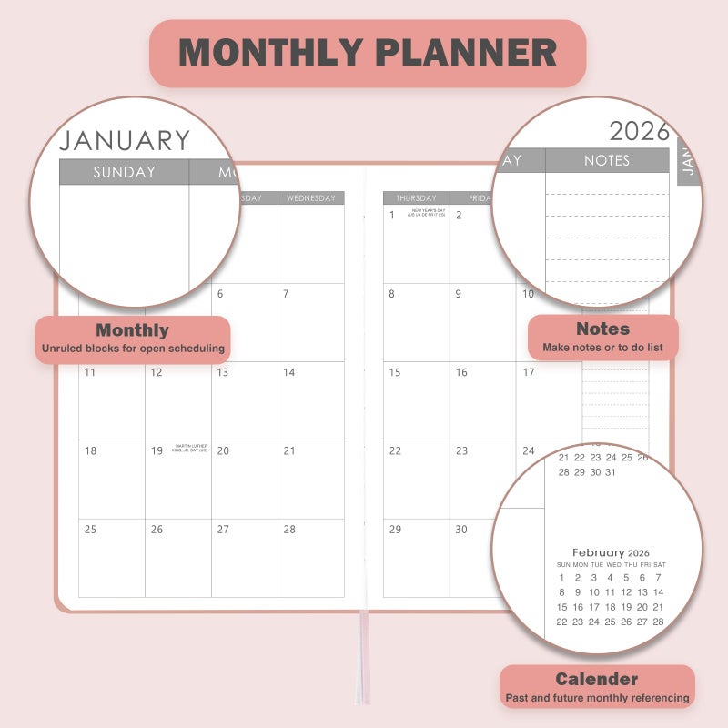 Vondafe 2026 Planner - Planner 2026 Weekly and Monthly, Jan.2026 - Dec.2026, 8.35" x 5.75", 2026 Weekly & Monthly Planners with Hardcover, Tabs, Holidays, Daily Organizer - Pink - Image 4