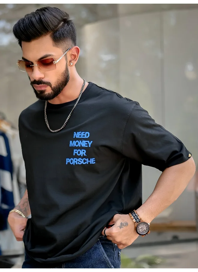 مانياك Mens Printed Round Neck 3/4th Sleeve Black and Blue Cotton T-Shirt