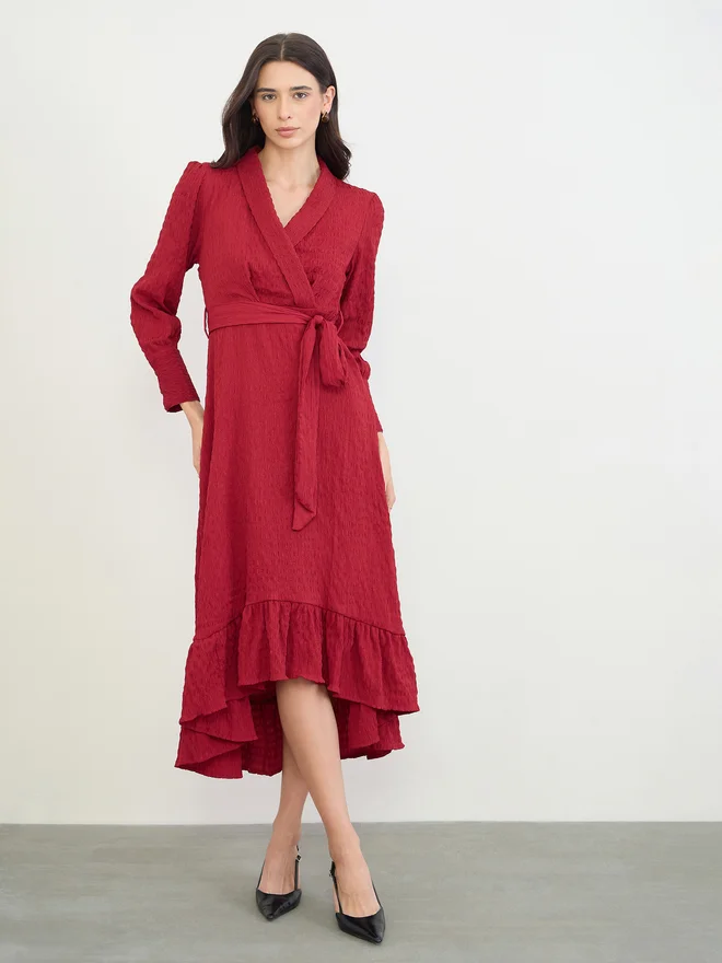 Styli Red Ruffle Hem Wrap Midi Dress