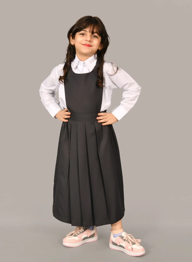 HAWRAA ABAYA Dark grey apron with a round neck, gathered waist and pleats