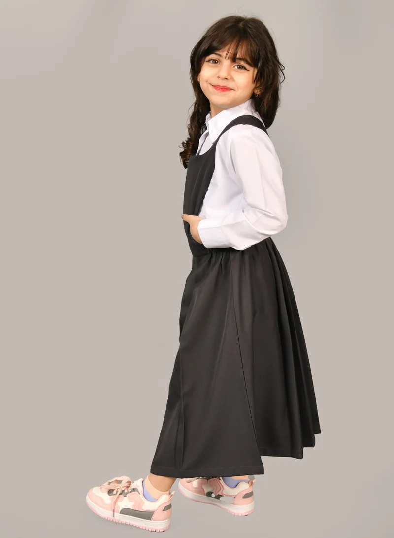 HAWRAA ABAYA Dark grey apron with a round neck, gathered waist and pleats