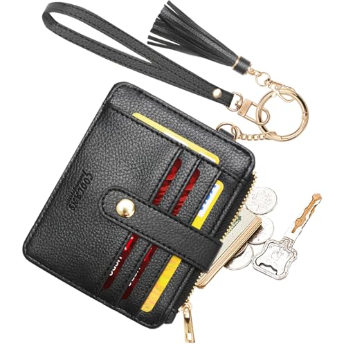 COOLANS Wristlet Bracelet Keychain Card Holder Card Pocket PU Leather Purse Tassel Keychain Bangle Key Ring for Women Girls (Card & Id Holder Purse 09 Litchi Pattern Black) - Image 1