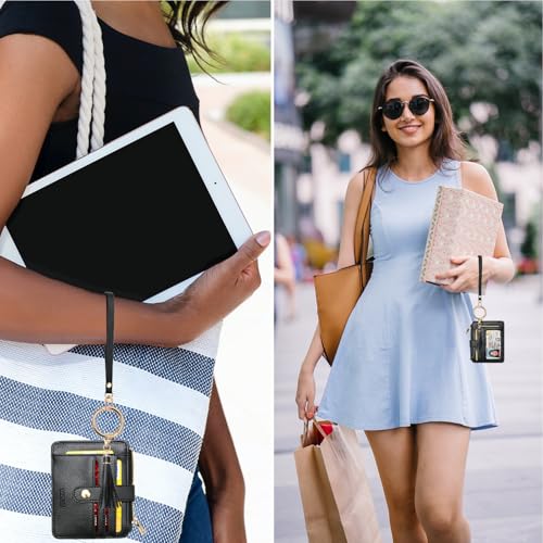 COOLANS Wristlet Bracelet Keychain Card Holder Card Pocket PU Leather Purse Tassel Keychain Bangle Key Ring for Women Girls (Card & Id Holder Purse 09 Litchi Pattern Black) - Image 3