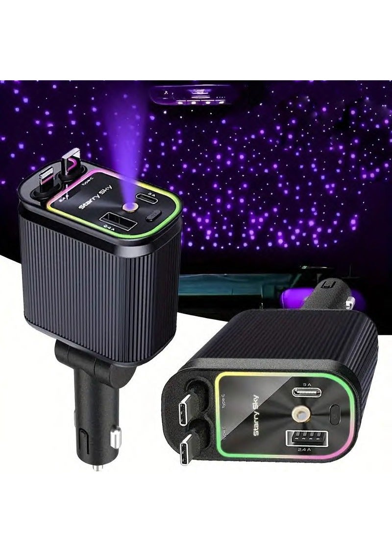 4-in-1 Super Fast Car Charger with Star Projector – Retractable USB-C  iPhone Cable | 36V Quick Charge | Compatible with iPhone 15/14/13, Galaxy, Pixel (iOS/Android) - Image 1