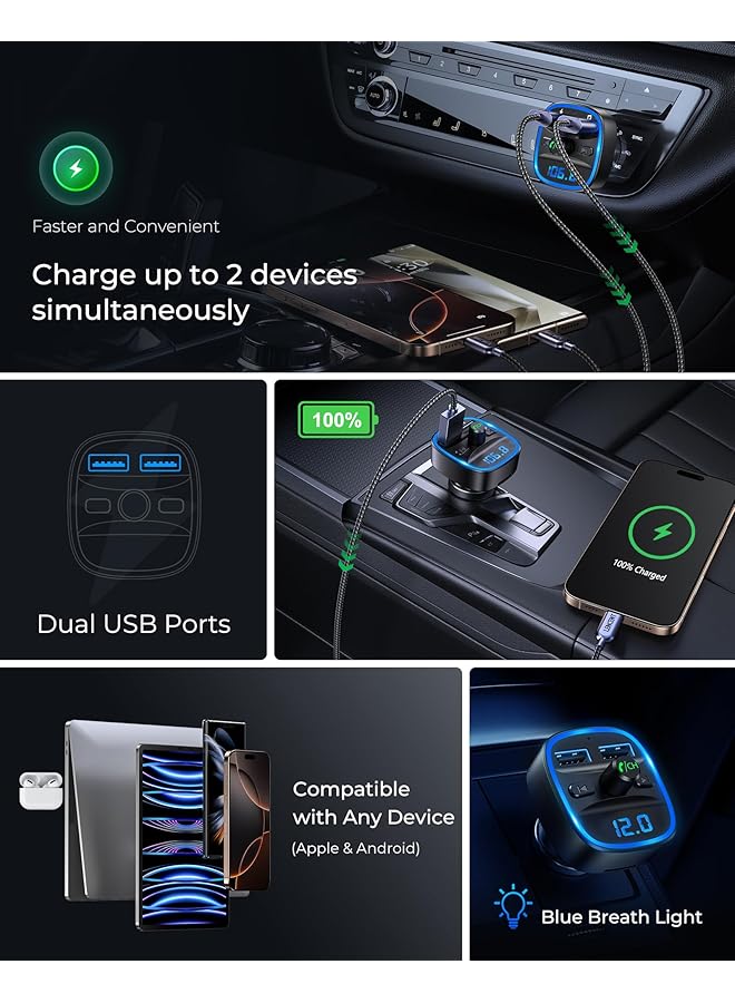 Lencent Fm Transmitter, Bluetooth Fm Transmitter Wireless Radio Adapter Car Kit With Dual Usb Charging Car Charger Mp3 Player Support Tf Card & Usb Disk - Image 5