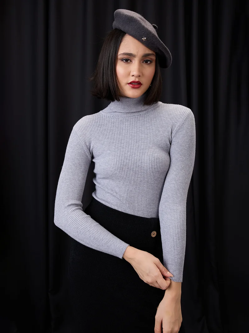 Women Grey Melange Turtle Neck Long Sleeves Flat Knit Ribbed Winter Wear Pullover Sweater