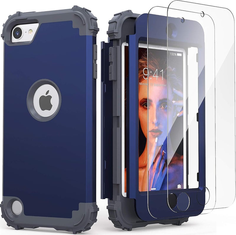 IDweel حافظة لجهاز iPod Touch الجيل السابع مع 2 واقي شاشة، هجين 3 في 1 مضاد للصدمات نحيف قوي غلاف صلب من PC مع حافة سيليكون ناعمة حافظة كاملة لجهاز iPod Touch 5/6/7، أزرق - Image 1