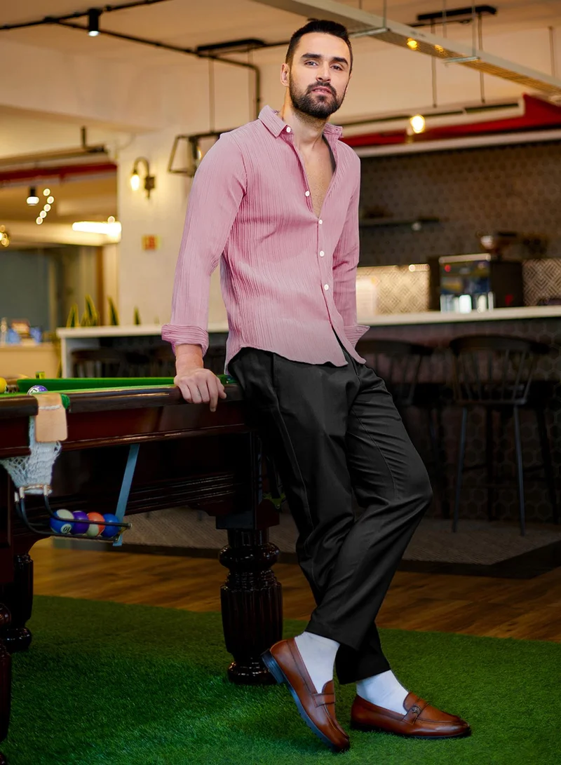 Campus Sutra Men's Salmon Pink Self-Design Striped Shirt