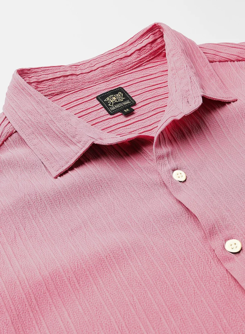 Campus Sutra Men's Salmon Pink Self-Design Striped Shirt