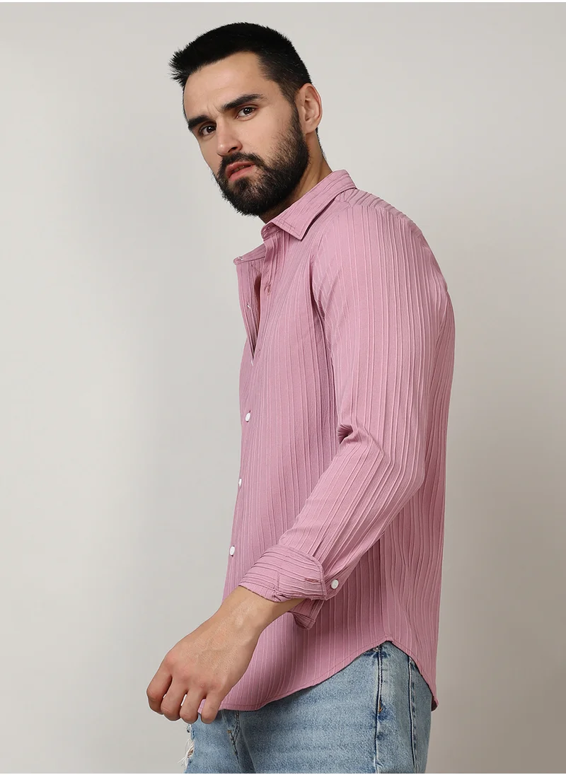 كامبوس سوترا Men's Salmon Pink Self-Design Striped Shirt