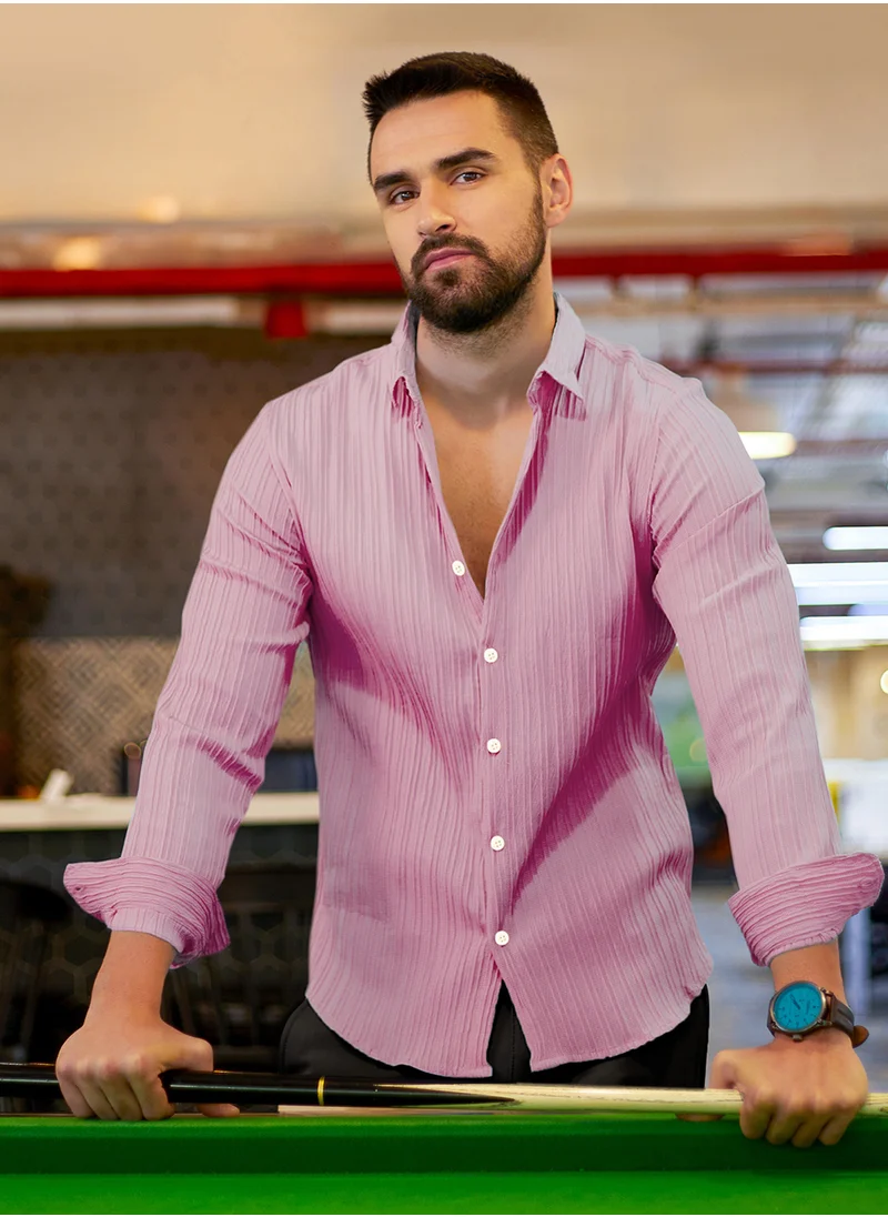 كامبوس سوترا Men's Salmon Pink Self-Design Striped Shirt
