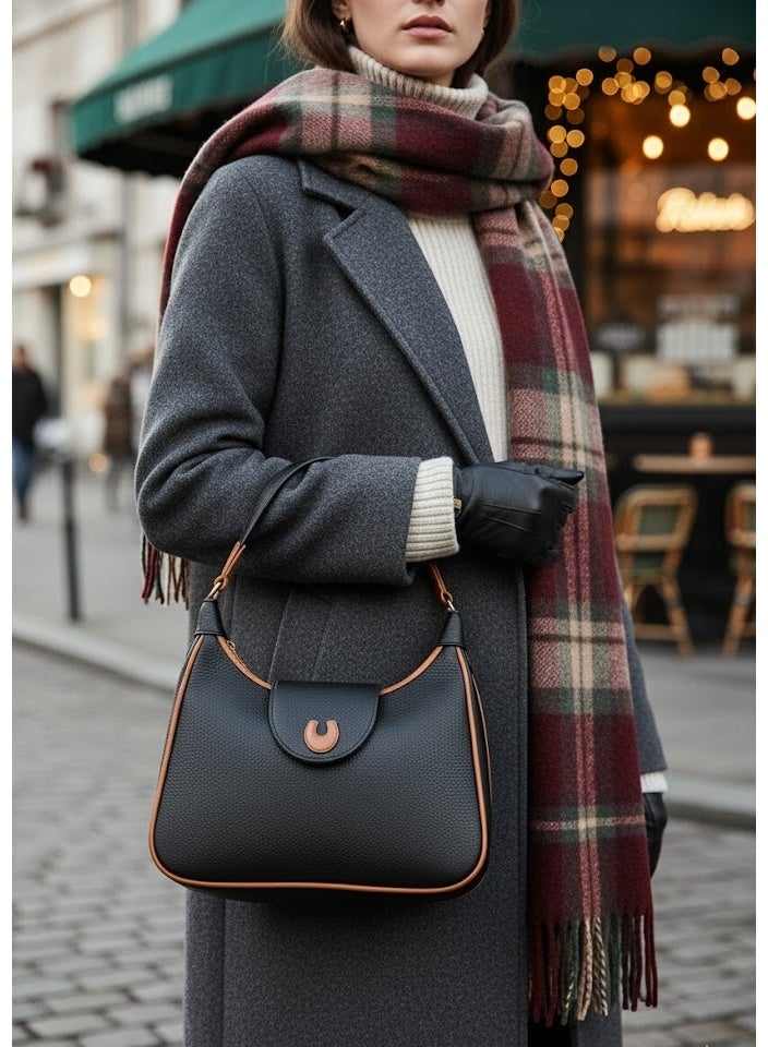 شنطة يد نسائية بتصميم كلاسيكي عصري أنيق من الجلد الصناعي الفاخر- لون اسود - Image 2