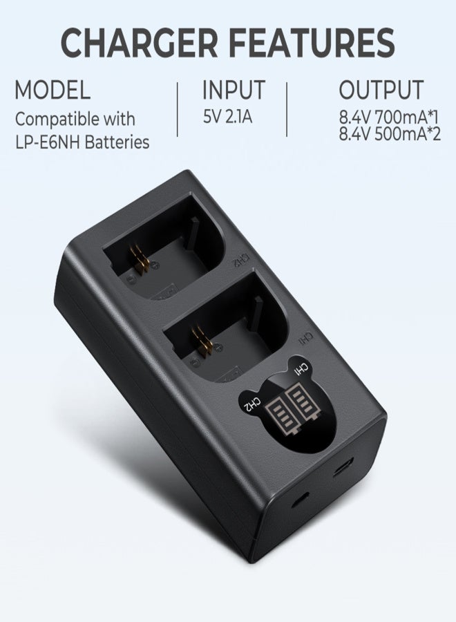 K&F CONCEPT Camera Battery & Charger Kit with 2-slot Battery Charger + 2pcs LP-E6NH Batteries 7.4V 2250mAh + Type-C Charging Cable Replacement for Canon EOS R5/R6/R/5D Mark IV/5D Mark III/5DS/5DS - Image 2