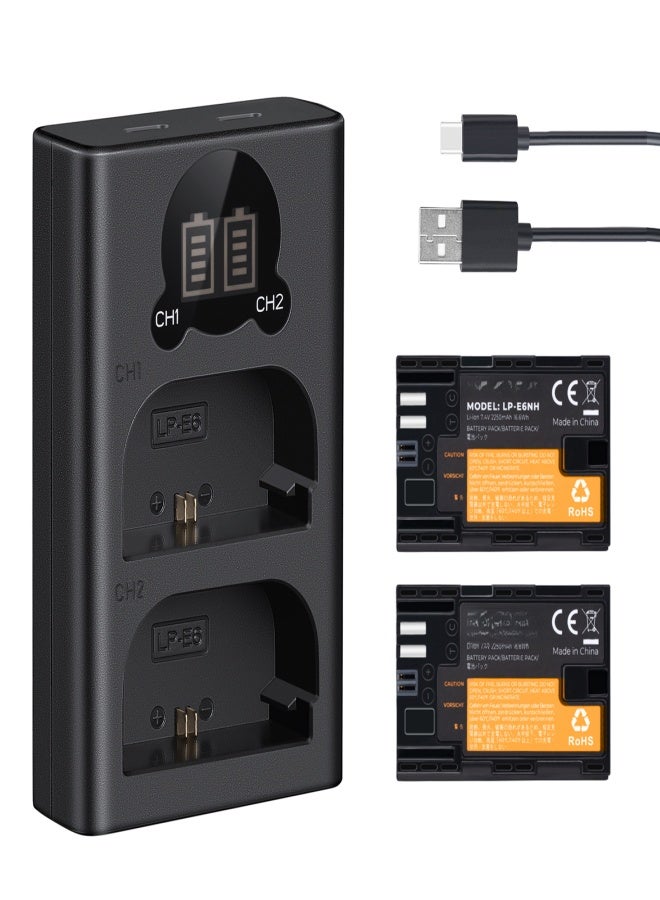 K&F CONCEPT Camera Battery & Charger Kit with 2-slot Battery Charger + 2pcs LP-E6NH Batteries 7.4V 2250mAh + Type-C Charging Cable Replacement for Canon EOS R5/R6/R/5D Mark IV/5D Mark III/5DS/5DS - Image 1