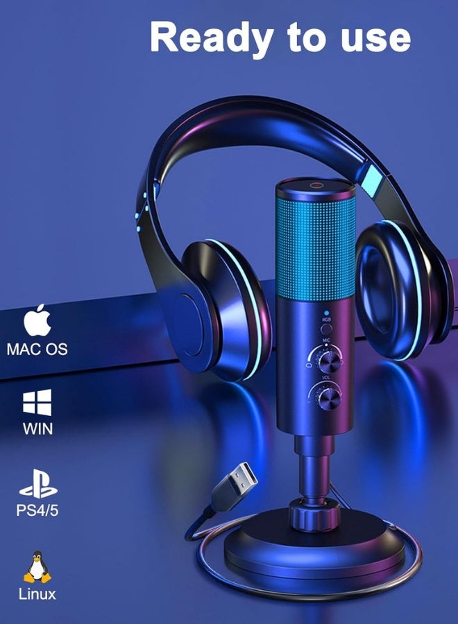 Chase Up USB Gaming Microphone,PC Condenser Microphone with 11 RGB Lights with Mute, Noise Reduction, Gain Control, Sound Pressure Breathing Lights, headphones Jack for YouTube/MAC/Windows/Recording - Image 3