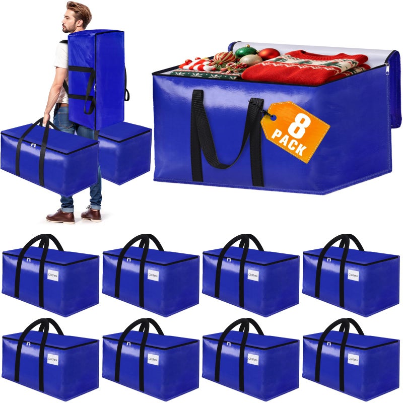 FabSpace 8-Pack Moving Bags with Backpack Straps & Carry Handles, 25 Gallons-93 L Heavy Duty Storage Totes for Space Saving, Foldable Storage Bags for College Dorm, Travel, Camping (Blue) - Image 1