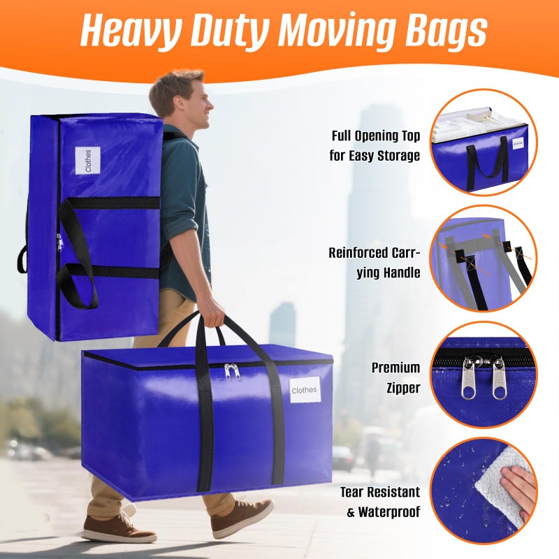 FabSpace 8-Pack Moving Bags with Backpack Straps & Carry Handles, 25 Gallons-93 L Heavy Duty Storage Totes for Space Saving, Foldable Storage Bags for College Dorm, Travel, Camping (Blue) - Image 5