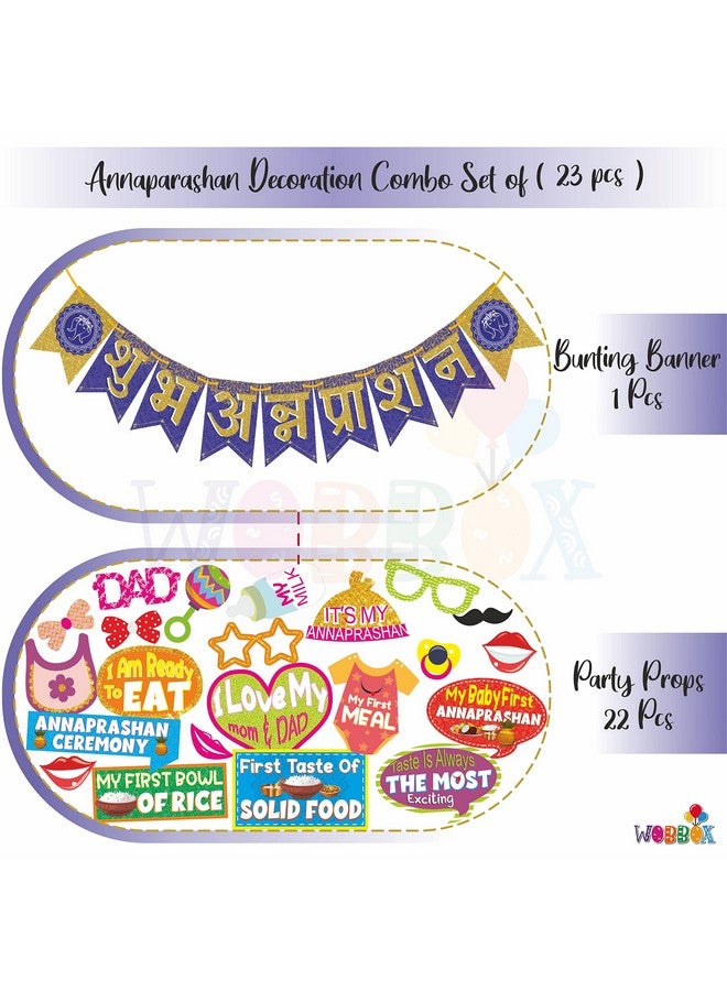 WOBBOX Annaprashan Photo Booth Party Props with Bunting Banner Hindi Font Shubh Annaprashan Dark Blue & Golden Color, Annaprashan Decoration Item - Image 2